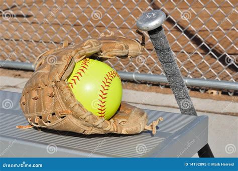 Yellow Softball, Bat, And Glove Stock Image - Image: 14192895