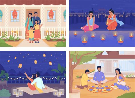 Celebrating Diwali with family flat color vector illustrations set. Honoring indian festival of ...