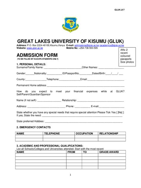 Fillable Online GREAT LAKES UNIVERSITY OF KISUMU (GLUK) ADMISSION FORM ...