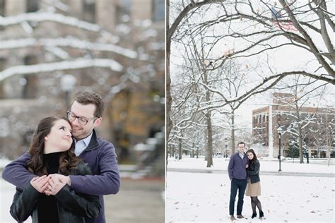 A snowy University of Michigan Campus winter engagement in Ann Arbor ...