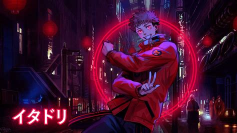 Jujutsu Kaisen Yuji Itadori red eyes #glowing red jackets #circle #kanji Smile (artist) anime ...