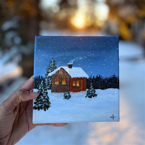 Snowy Cabin Art Snow Painting Snowy Landscape Artwork - Etsy