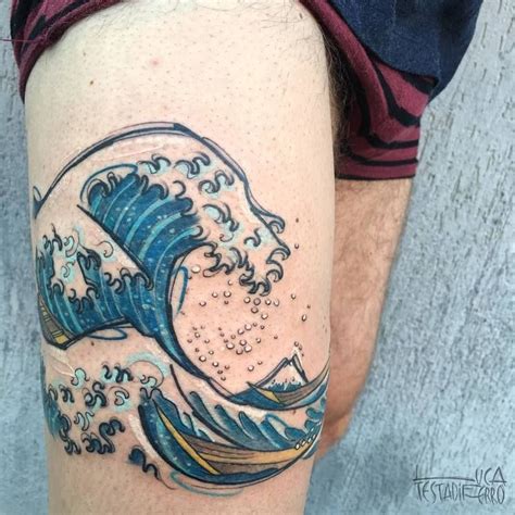 The great wave of kanagawa thigh tattoo - Tattoogrid.net