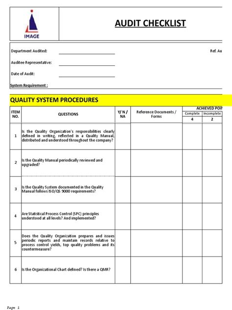 Audit Checklist: Quality System Procedures | Audit | Specification (Technical Standard)