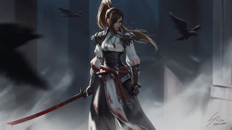 Download Blood Ponytail Brown Hair Sword Woman Warrior Fantasy HD Wallpaper