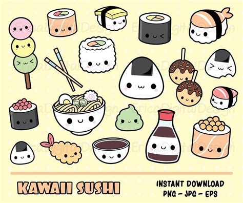 Sushi Kawaii Clipart Bundle Cute Sushi Clip Art Onigiri Nigiri - Etsy ...