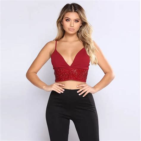 Sexy Spaghetti Strap Bare Midriff Crop Tops Deep V Neck Women Summer Camis Patchwork Drilling ...