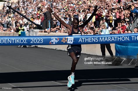 Edwin Kiptoo crosses the finish line to win the 2023 Athens Marathon ...