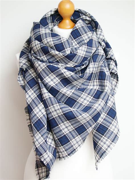 Scarf WRAP, large cotton scarf, lightweight plaid scarf in navy blue colour, fashion oversized ...