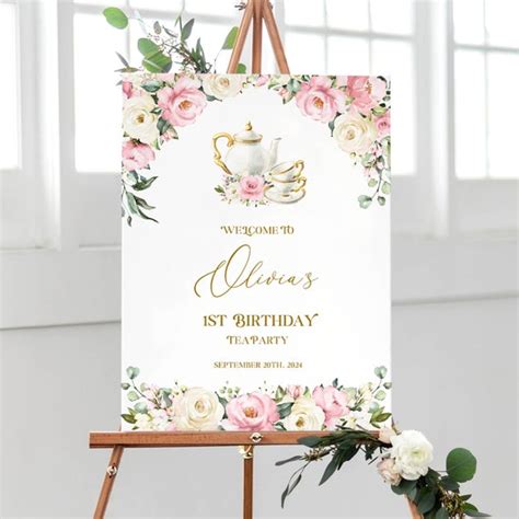 Tea Party Birthday Welcome Sign Template - Rustic Floral Girl Bday Party Decorations, Printable ...