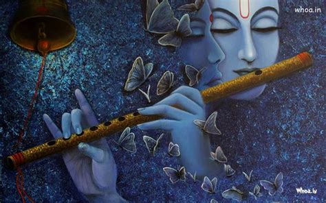 Lord Radhe Krishna Playing Flute Blue Painting Wallpaper