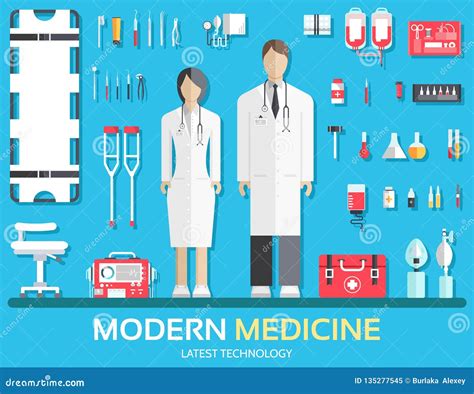 Modern Medical Equipment in Flat Design Background Concept. Infographic Elements Set with Doctor ...