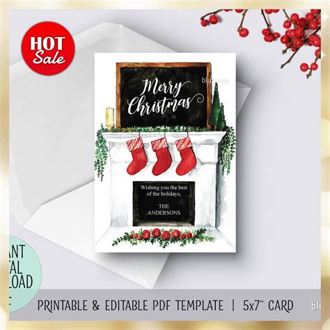a christmas card with stockings and stockings hanging from the fireplace, next to a red berry bush