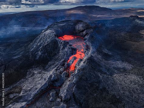 Crater opening from Fagradalsfjall volcano. View from above into the ...