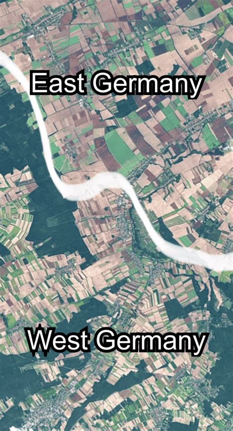 Former inner German border visible from above through difference in field size : r/MapPorn