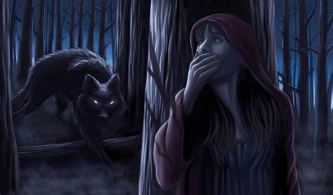 Red Riding Hood and the big bad wolf, forest, luminos, woods, red ...