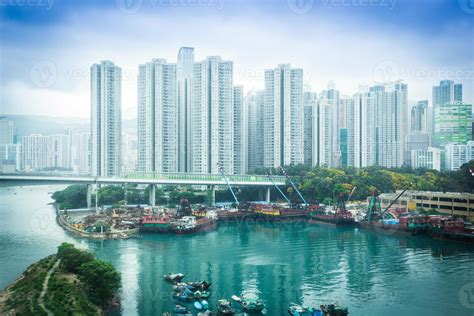 Aerial view of Hong Kong harbor 1074019 Stock Photo at Vecteezy