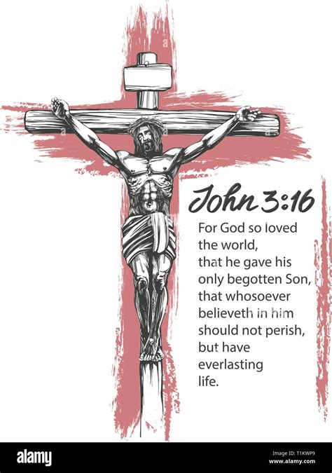 Jesus Christ, the Son of God, crucified on a wooden cross, symbol of Christianity hand drawn ...