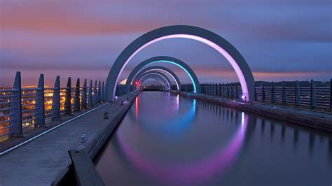 architecture, Water, Canal, Wheels, Falkirk Wheel, Scotland, UK, Reflection, Fence, Clouds ...