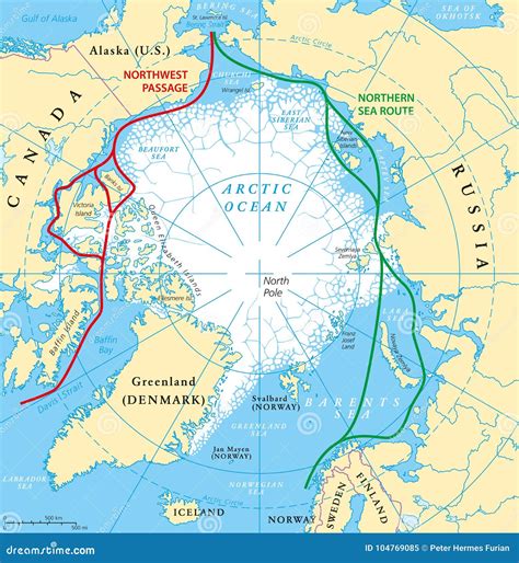 Arctic Ocean Sea Routes Map Stock Vector - Illustration of north ...