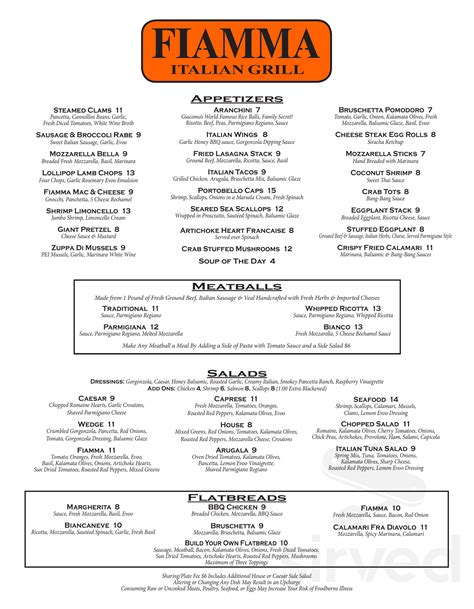 Menu for Fiamma Italian Grill in Bethlehem, Pennsylvania, United States