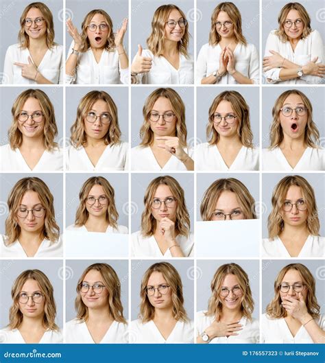 Beautiful Woman with Different Facial Expressions and Gestures Stock Image - Image of collection ...