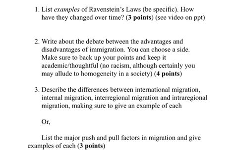 Solved 1. List examples of Ravenstein's Laws (be specific). | Chegg.com