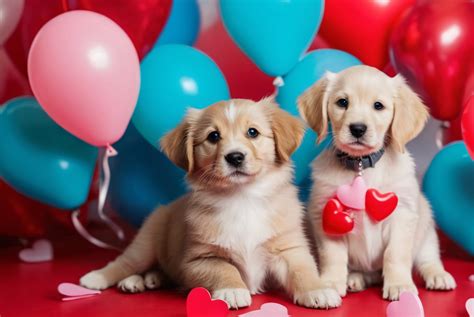 Cute Puppies W Balloons And Hearts Free Stock Photo - Public Domain Pictures