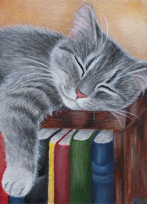 Sleeping Cat Painting 5x7 | Grey Cat Artwork