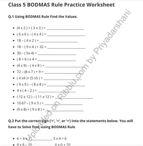 BODMAS Rule Questions for Class 5