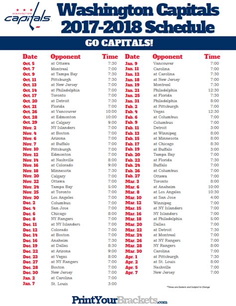 Washington Capitals Printable Schedule - Printable Templates