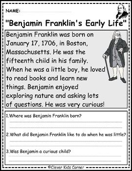 Benjamin Franklin Social Studies Reading Comprehension Passages K-2 Engaging