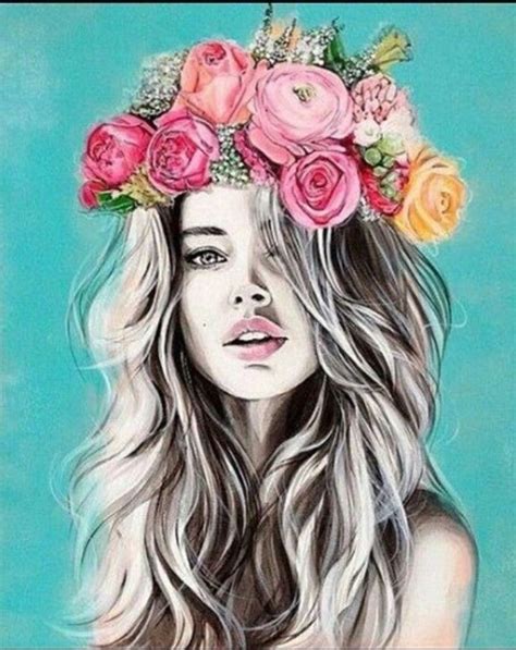 a painting of a woman with flowers in her hair and wearing a flower ...