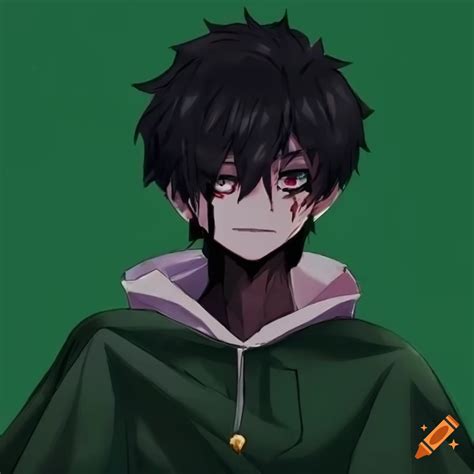 Black anime boy with scars, short wavy hair wearing green cloak on Craiyon