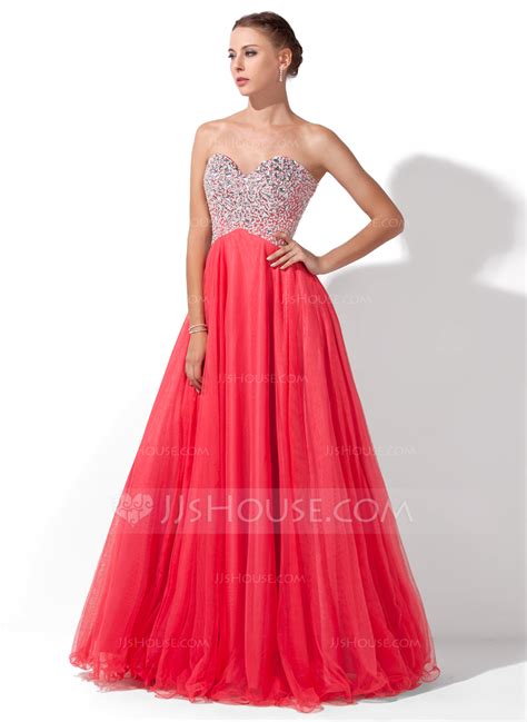 A-Line/Princess Sweetheart Floor-Length Tulle Prom Dresses With Beading ...