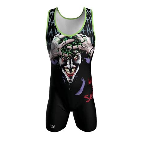 a wrestling suit with the joker face painted on it's chest and green trim