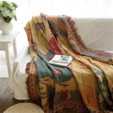 Cilected World Map Sofa Throws Blanket With Tassels Cotton Soft Warm Bed Blankets Decorative ...