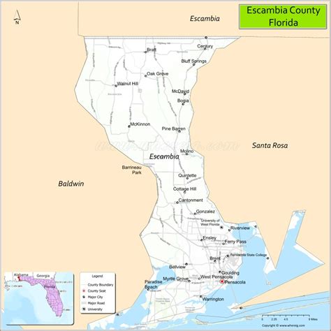 Map of Escambia County, Florida showing cities, highways & important ...