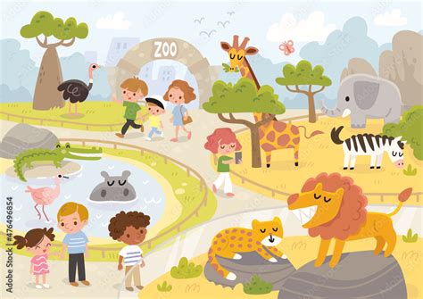 Families with minor children walking around Zoo to see animals. Zoo ...