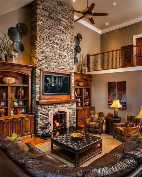 19 Stunning Rustic Living Rooms With Charming Stone Fireplace | Rustic living room design ...