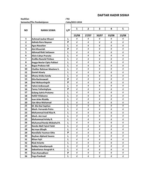 Contoh Daftar Hadir SiswA