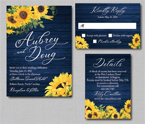 Rustic Sunflower Navy Background Wedding Invitation Affordable Wedding ...