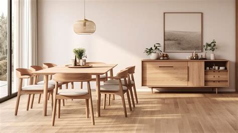 Premium AI Image | A Photo of a Scandinavian Inspired Dining Room with Wooden Furniture and ...