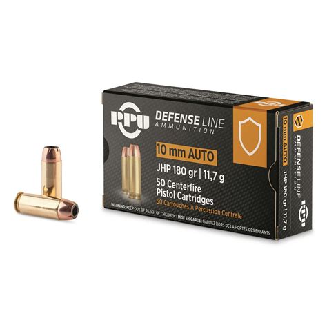 PPU Defensive Line, 10mm, JHP, 180 Grain, 50 Rounds - 709561, 10mm Auto Ammo at Sportsman's Guide