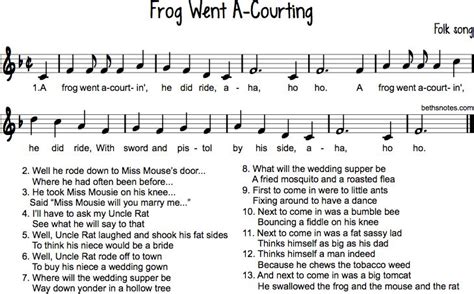 Frog Went A-Courtin' - Beth's Notes | Childhood songs, Nursery rhymes songs, Rhymes songs