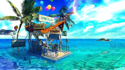 Sea, anime, anime girls, sky, park, artwork, fish, palm trees, swimming pool, resort, balloon ...