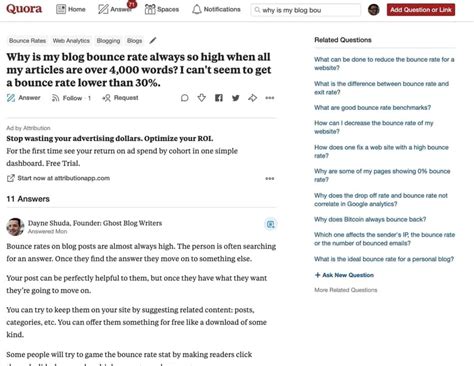 Quora Questions Answers Bounce Rate Example - Growth Hackers