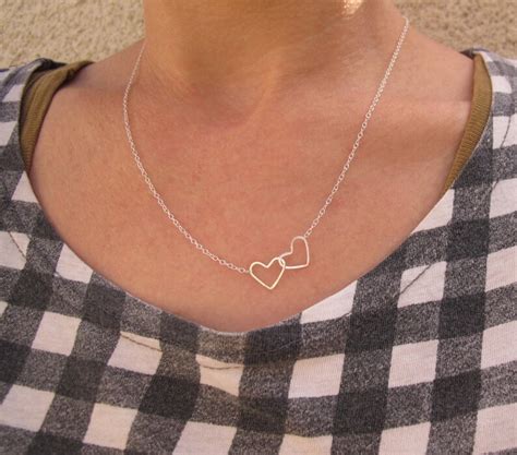 Silver Two Hearts Necklace, 2 Hearts Necklace, Sterling Silver Double Hearts, Connected Hearts ...