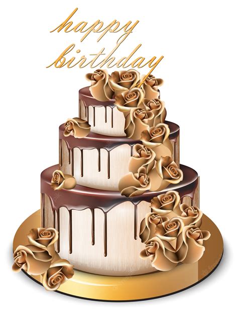 Premium Vector | Happy birthday golden cake with roses