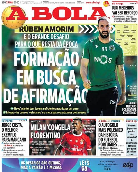 Capa Jornal A Bola - 25 maio 2020 - capasjornais.pt